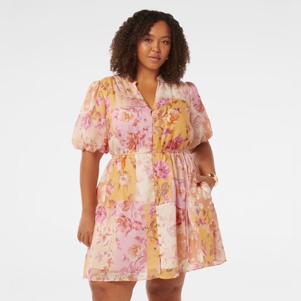 Ever New Floral Puff-Sleeve Pink & Mustard Mini Dress NWT Size 14 - Picture 15 of 16